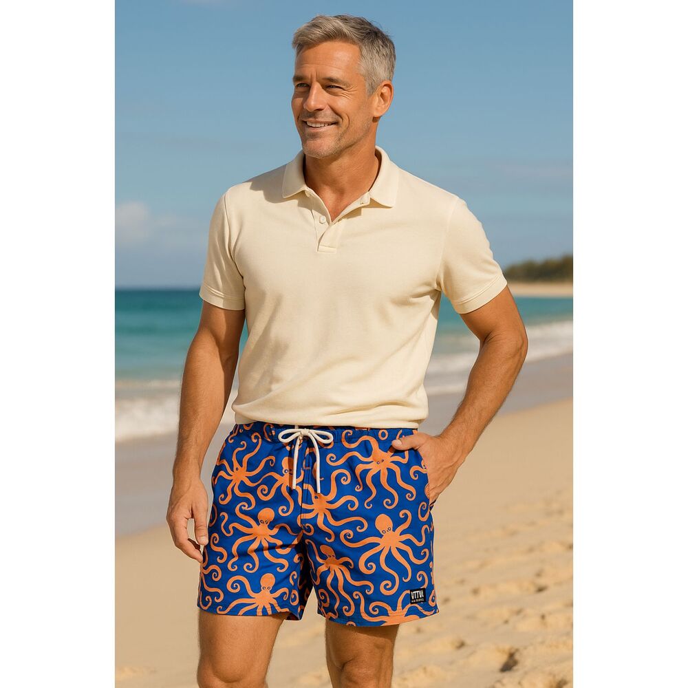 TOM & TEDDY Blue Orange Octopus Swim Shorts Trunks  Mens Size Large